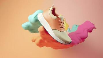 AI generated Flying trendy sneakers on creative colorful background, Stylish fashionable concept. AI Generated photo