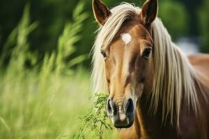 AI generated Brown horse with blond hair eats grass on a green meadow detail from the head. AI Generated photo