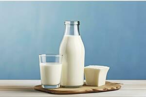 AI generated A bottle of milk and a glass of milk on a wooden table on a blue background. AI Generated photo