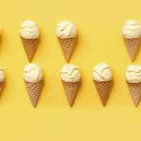 AI generated Ice Cream pattern on yellow background, top view. AI Generated photo