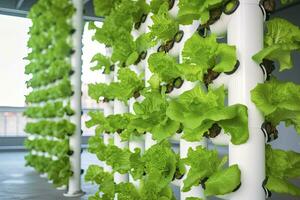 AI generated Vertical Hydroponic Plant System With Cultivated Lettuces. AI Generated photo