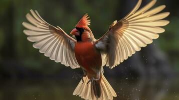 AI generated Northern Cardinal coming in for a landing. Generative AI photo