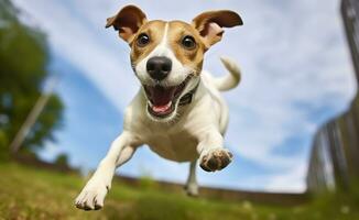 AI generated Jack Russel Parson Dog Run Toward The Camera Low Angle High Speed Shot. AI Generated photo