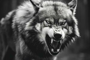 AI generated Greyscale closeup shot of an angry wolf with a blurred background. AI Generated photo