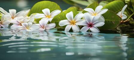 ai generado plumeria flores en verde hoja flotante en agua. un pacífico y sereno escena con un toque de naturaleza y belleza. ai generado foto