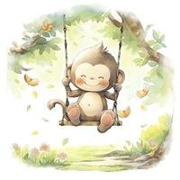 AI generated Cute happy baby monkey on swings on a tree in watercolor. AI Generated photo