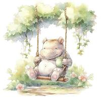 AI generated Cute happy baby rhino on swings in the tree in watercolor style. AI Generated photo