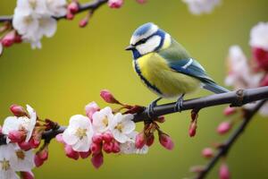 ai generado un bluetit pájaro descansando en el rama de un árbol. ai generado. foto