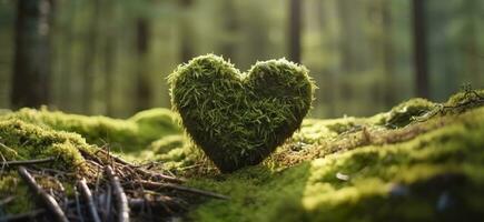 AI generated Closeup of wooden heart on moss. Natural burial grave in the woods. Generative AI photo