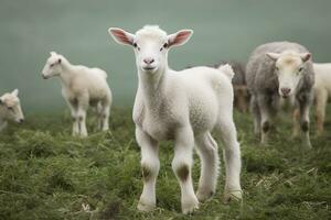 AI generated White lamb in a field in front of other animals. Generative AI photo