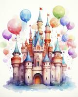 AI generated Colorful watercolor kawaii castle isolated on white background. AI Generated photo