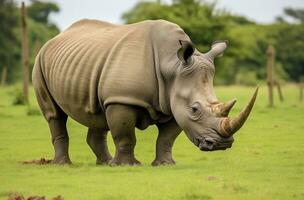 AI generated White Rhino grazing. AI Generated photo