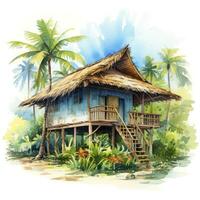 AI generated A watercolored bright serene image of a traditional bahay kubo. AI Generated photo