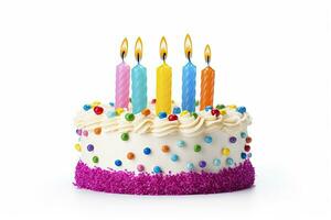 AI generated Colourful birthday cake with candles isolated on white background. AI Generated photo