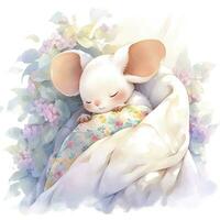 AI generated A sleepy baby mouse in a bedding, watercolor illustration.  AI Generated photo