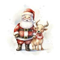 AI generated Cute Santa Claus standing with reindeer. AI Generated photo