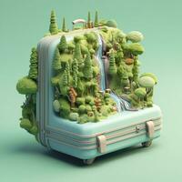 ai generado surrealista 3d paisaje ilustración de un bosque río con equipaje en ligero verde y ligero azul. ai generativo foto