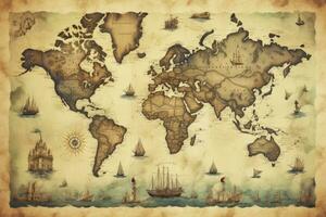 AI generated Great detailed illustration of the world map in vintage style. AI Generated photo