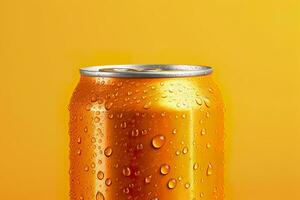 AI generated Can of fresh soda with water drops on orange background, closeup. Generative AI photo