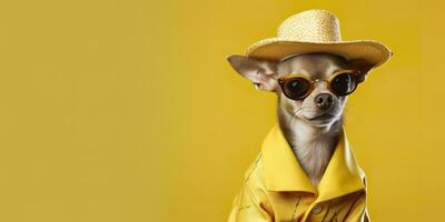 ai generado frio mirando chihuahua perro vistiendo miedoso Moda vestido. espacio para texto Derecha lado. generativo ai foto