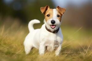 AI generated Happy jack russell terrier pet dog waiting, listening in the grass. AI Generated photo