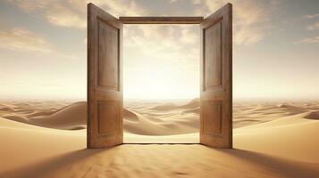 AI generated The opened door on the desert. Unknown and start up concept. AI Generated. photo