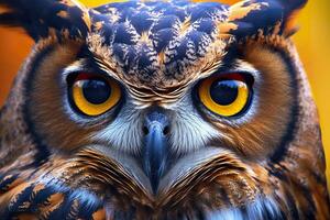 AI generated Owl headshot with closeup of face. Generative AI photo