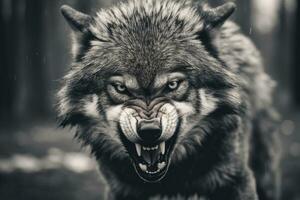 AI generated Greyscale closeup shot of an angry wolf with a blurred background. AI Generated photo