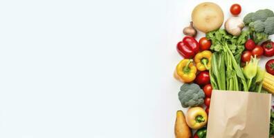 AI generated Healthy food in paper bag vegetables and fruits on white background. AI Generated photo