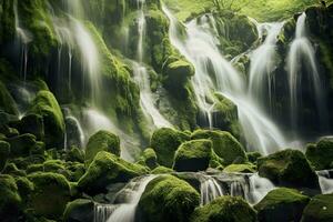 AI generated Waterfall landscape with rocks covered in green moss. AI Generated photo