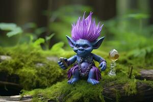 AI generated Tale troll with crystals in the forest, natural green background. Generative AI photo