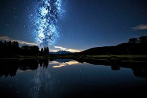 AI generated Milky Way Reflected on Lake. AI Generated photo