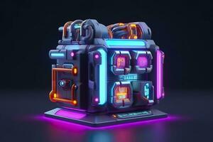 AI generated Modern and Futuristic Neon Digital Gaming Chest in Cartoon Pixar 3D Blender Style. AI Generative photo