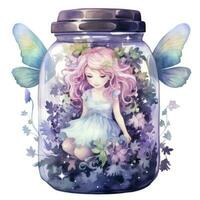 AI generated Watercolor Fantasy Pastel Goth Tiny Fairy in a Jar. AI Generated photo