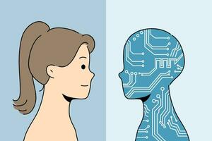 Artificial intelligence in form of silhouette in colors of computer board near woman, metaphor for introduction of AI technologies. Concept of competition between people and artificial intelligence vector