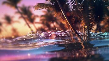 AI generated Beach with waves and coconut trees at sunset. Generative AI photo