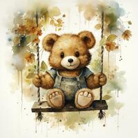 AI generated A cute happy teddy bear swings on a tree on a white background. AI Generated photo