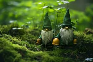 AI generated Toy Irish gnomes in a mystery forest, abstract green natural background. Generative AI photo