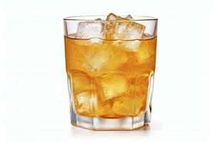 AI generated A glass of orange soda water with ice cubes on white background. AI Generated photo