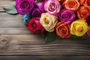 AI generated Bunch of multi colored roses on wooden planks, happy birthday lying on planks. AI Generated photo