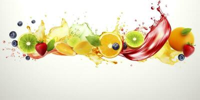 AI generated Swirl water splash with fruits. liquid flow with ice cubes and a mix of fresh fruits. Generative AI photo