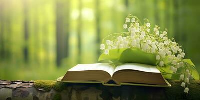 AI generated Lily of the Valley flowers and old books in the forest, green natural background. AI Generated photo