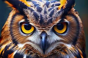 AI generated Owl headshot with closeup of face. Generative AI photo