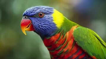 ai generado lado ver de cerca de hermosa y vistoso lorikeet verde nuca pájaro. generativo ai foto