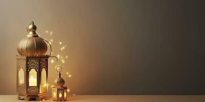 AI generated Celebration of islamic eid mubarak and eid al adha lantern in a light background. AI Generated photo