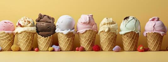 AI generated Banner with ice cream in a waffle cone on a summer day. Generative AI photo