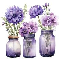 AI generated Collection of watercolor mason jars with purple flowers clipart. AI Generated photo