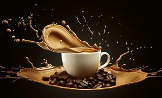 AI generated hot liquid coffee splash with Coffee Bean falling, 3d illustration. AI Generated photo