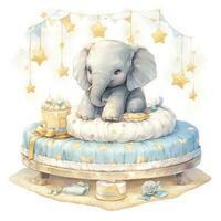 AI generated An elephant on a bed with stars and blankets around the circle. AI Generated photo