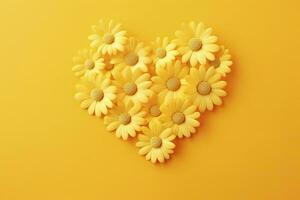 AI generated Yellow Heart Shaped By Yellow Daisies Over Yellow Background. AI Generated photo